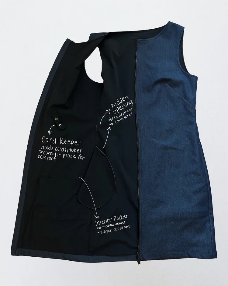 Denim jumper with interior hidden pockets for tubes, cords and keepers